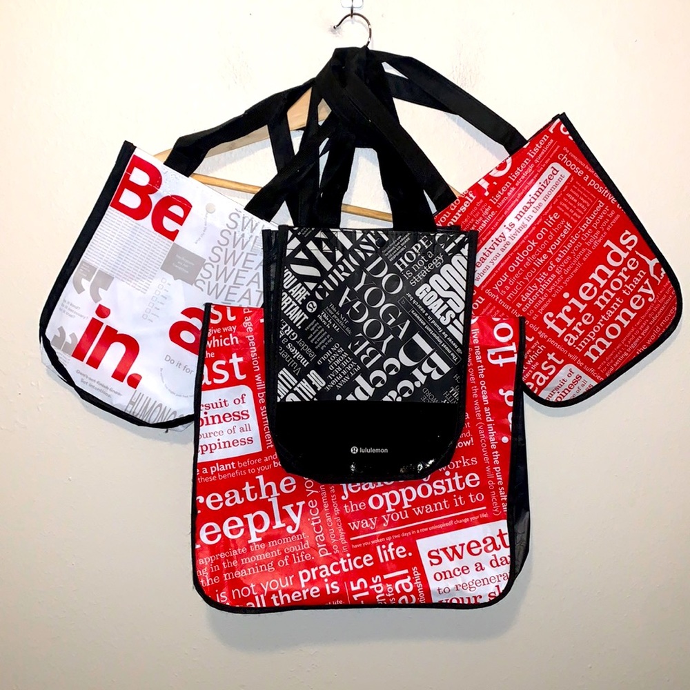 Lululemon Set of 4 Reusable Shopping Tote Bags Red Black White NWOT